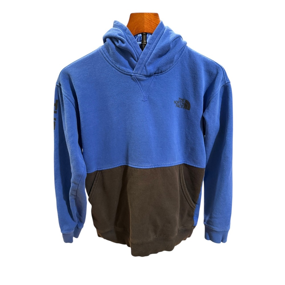 The North Face Boys Colorblock Hoodie Blue Brown Size L14 16 Side Hit‎ Spellout